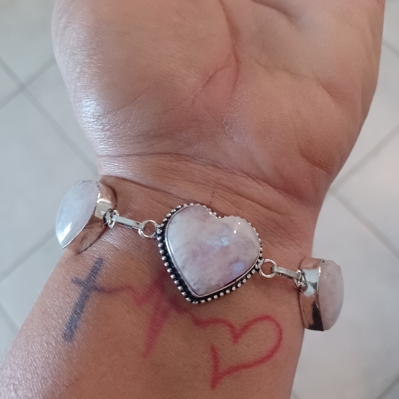 Rainbow Moonstone Silver Link Heart Adjustable Bracelet - Picture 8 of 11